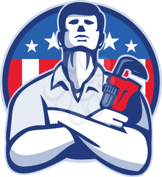 Illustration of a plumber tradesman handyman worker with arms crossed holding a monkey wrench facing front set inside circle  with American stars and stripes flag done in retro style.