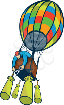 Illustration of a man cutting ballast of hot air balloon with pair of scissors viewed from a low angle on isolated white background.