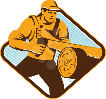 Illustration of a lumberjack logger forrester sawing with cross-cut saw timber log wood set inside diamond shape done in retro style.