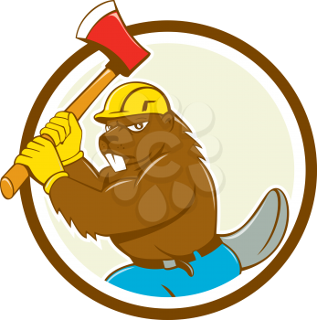 Illustration of a beaver lumberjack wearing hard hat wielding an ax set inside circle on isolated background done in cartoon style.