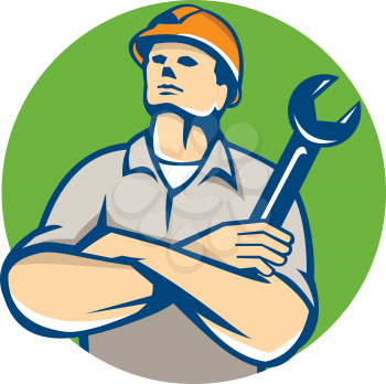Illustration of a builder construction worker arms crossed holding wrench looking up set inside circle on isolated background done in retro style.