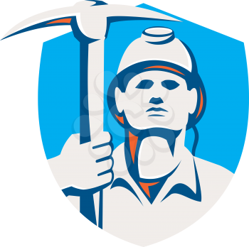 Illustration of a coal miner wearing hardhat holding pick axe striking facing front set inside shield crest done in retro style.