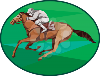 Low Polygon style illustration of horse and jockey racing viewed from the side set inside oval shape on isolated background.