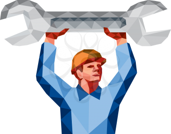 Low Polygon style illustration of a mechanic wearing hat holding spanner wrench above his head looking to the side set on isolated white background.