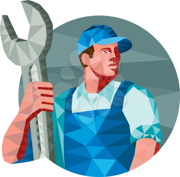 Low Polygon style illustration of a mechanic wearing hat holding spanner wrench looking to the side set on isolated background.