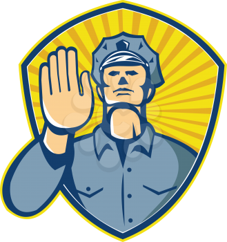 Illustration of a policeman police law enforcement officer with hands signalling stop set inside shield done in retro style.