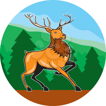 Illustration of a red stag deer buck marching walking facing side set inside circle with mountains forest trees in the background done in cartoon style. 