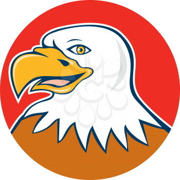 Illustration of an american bald eagle head smiling facing side set inside circle on isolated background done in cartoon style.