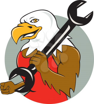 Illustration of a american bald eagle mechanic smiling holding wrench on shoulder viewed from side set inside circle done in cartoon style. 