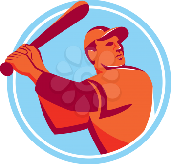 Illustration of an american baseball player batter hitter holding bat batting looking up to the side set inside circle on isolated background done in retro style. 