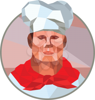 Low polygon illustration of a chef cook baker head viewed from front set inside circle done on isolated background.