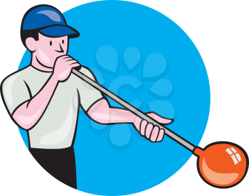 Illustration of a glassblower, glassworker,glassmith, or gaffer glassblowing blowing glass viewed from front set inside circle done in cartoon style.