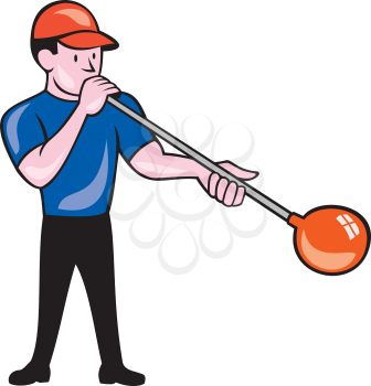 Illustration of a glassblower, glassworker,glassmith, or gaffer glassblowing blowing glass viewed from front on isolated background done in cartoon style.