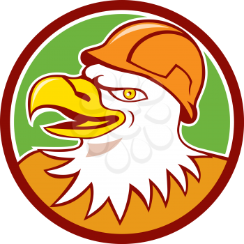 Illustration of a bald eagle construction worker head with hardhat viewed from side set inside circle done in cartoon style. 
