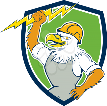 Illustration of a bald eagle electrician wearing hardhat holding lightning bolt viewed from side set inside shield crest done in cartoon style. 
