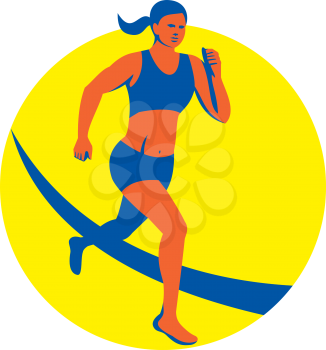Illustration of female marathon triathlete runner running set inside circle on isolated background done in retro style.
