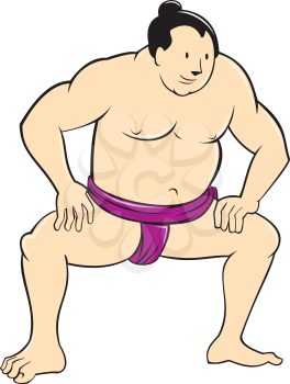 illustration of a Japanese sumo wrestler facing front squatting on isolated white background done in cartoon style. 