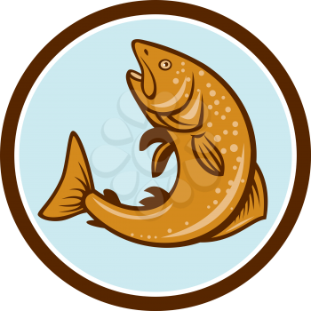 Illustration of a brown trout rainbow spotted fish jumping viewed from the side set inside circle on isolated background done in cartoon style. 