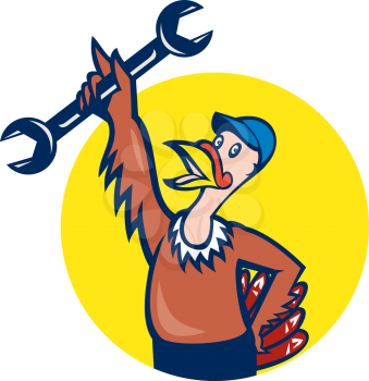Illustration of a wild turkey mechanic holding spanner set inside circle done in cartoon style on isolated background.