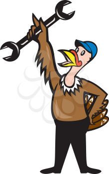 Illustration of a wild turkey mechanic standing holding spanner set on isolated white background done in cartoon style.