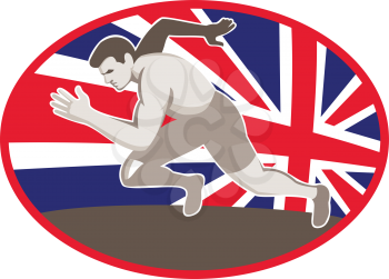 vector illustration of a male runner track and field athlete with union jack great britain british flag in background set inside oval.