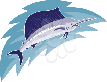 vector illustration of a sailfish jumping done in art deco retro style.