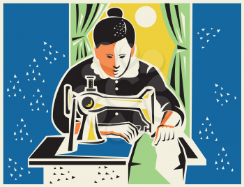 Illustration of a seamstress dressmaker tailor sewing with vintage machine done in retro woodcut style.
