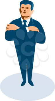 vector illustration of a businessman secret agent arms standing with crossed facing front viewed from high angle done in retro art deco style.