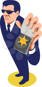 vector illustration of a secret agent detective police officer policeman showing id badge done in art deco retro style viewed from high angle.