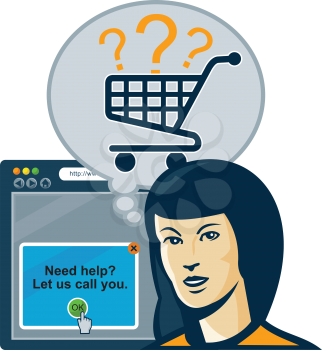Illustration of a female internet shopper with bubble and shopping cart and internet web browser in background.