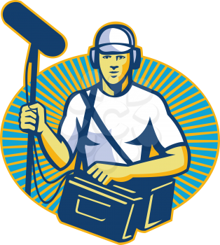 vector illustration of a soundman worker with headphone holding a telescopic microphone done in retro style inside oval facing front