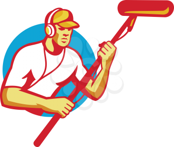 vector illustration of a sound man soundman worker with headphone holding a telescopic microphone done in retro style inside circle.