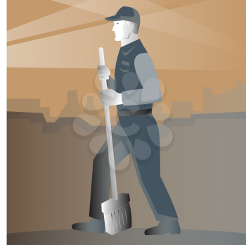 vector illustration of a cleaner street sweeper with broom working in street with building in background done in art deco retro style.