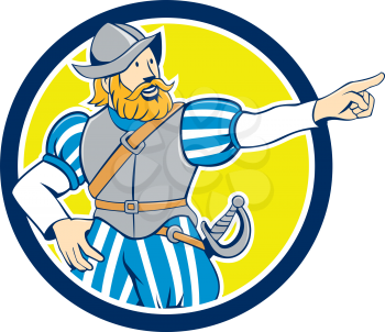 Illustration of a spanish conquistador pointing looking to side set inside circle on isolated background done in cartoon style.