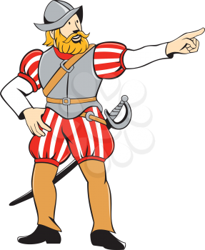 Illustration of a spanish conquistador pointing looking to side on isolated white background done in cartoon style.