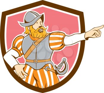 Illustration of a spanish conquistador pointing looking to side set inside shield on isolated background done in cartoon style.