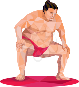 Low polygon illustration of a Japanese sumo wrestler in squat position squatting facing front set on isolated white background. 