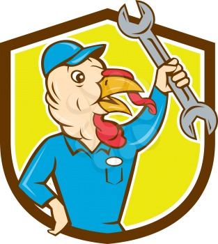 Illustration of a wild turkey mechanic holding clutching spanner set inside shield crest done in cartoon style on isolated background.