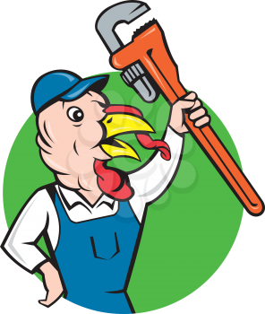Illustration of a wild turkey plumber holding clutching monkey wrench looking to the side set inside circle done in cartoon style on isolated background.