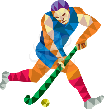 Low polygon style illustration of a field hockey player running with stick striking ball viewed from side set on isolated white background. 