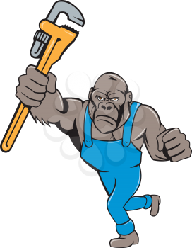 Illustration of an angry gorilla ape plumber standing with monkey wrench punching facing front set on isolated white background done in cartoon style. 