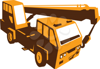 vector illustration of a truck mounted hydraulic crane cartage with hydraulic boom hoist done in retro style viewed from a high angle.
