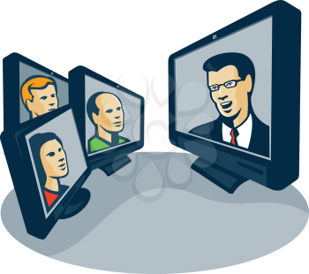Illustration of computer screens monitor with man woman faces and presentor presenting webinar or video conferencing done in retro style.