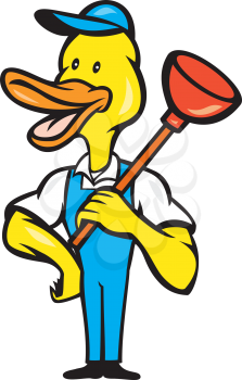 Cartoon style illustration of a duck plumber standing holding plunger on shoulder looking to the side viewed from front set on isolated white background. 