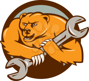 Illustration of a grizzly bear plumber running holding spanner on shoulder set inside circle on isolated background done in cartoon style. 