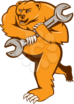 Illustration of a grizzly bear plumber running holding spanner on shoulder set on isolated white background done in cartoon style. 