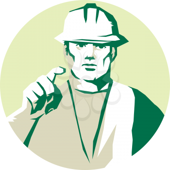 Stencil style illustration of a builder construction worker pointing finger facing front set inside circle on isolated background. 