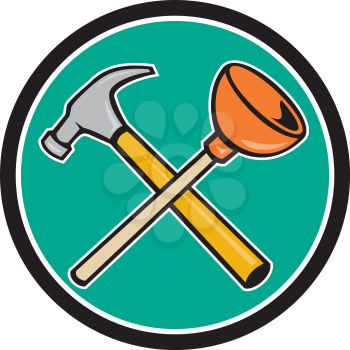 Illustration of a crossed hammer and plunger tools set inside circle on isolated background done in cartoon style.  