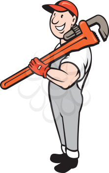 Illustration of a plumber in overalls and hat smiling standing holding monkey wrench on shoulder set on isolated white background done in cartoon style.