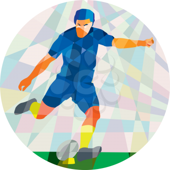 Low polygon style illustration of a rugby player kicking ball front view set inside circle on isolated background.